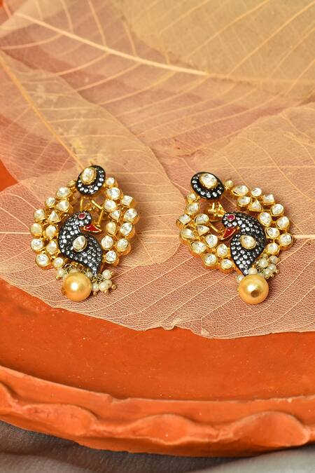 Buy_Our Purple Studio_Black Kundan Peacock Motif Earrings _Online_at_Aza_Fashions