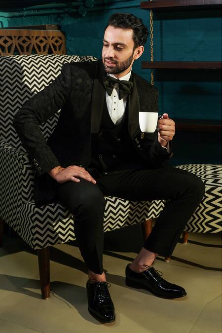 Soniya G_Black Jacquard Tuxedo And Pant Set_Online_at_Aza_Fashions