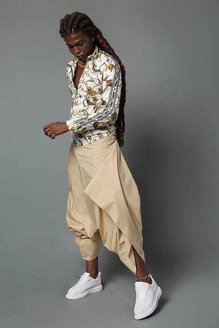 House Of Three_Beige Cotton Poplin Plain Skanda Dhoti Pant  _Online_at_Aza_Fashions