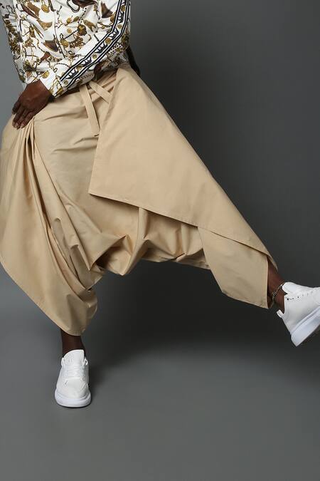 Buy_House Of Three_Beige Cotton Poplin Plain Skanda Dhoti Pant  _Online_at_Aza_Fashions