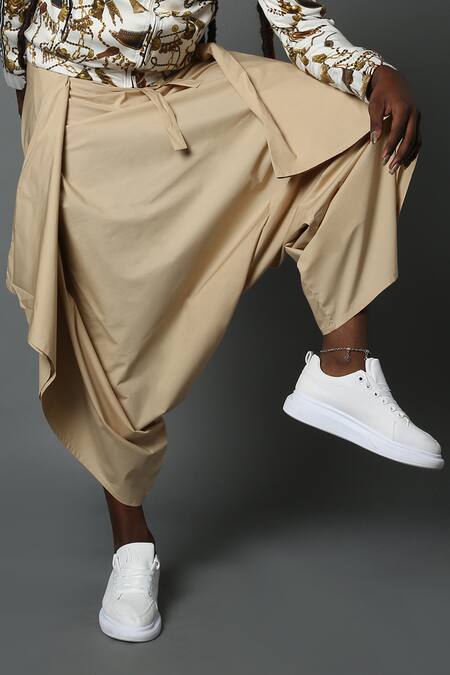 Shop_House Of Three_Beige Cotton Poplin Plain Skanda Dhoti Pant  _Online_at_Aza_Fashions