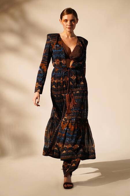 Nikita Mhaisalkar_Blue Georgette Sequins V-neck Aztec Print Jacket With Pant _Online_at_Aza_Fashions