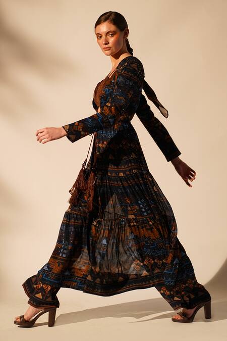 Buy_Nikita Mhaisalkar_Blue Georgette Sequins V-neck Aztec Print Jacket With Pant _Online_at_Aza_Fashions