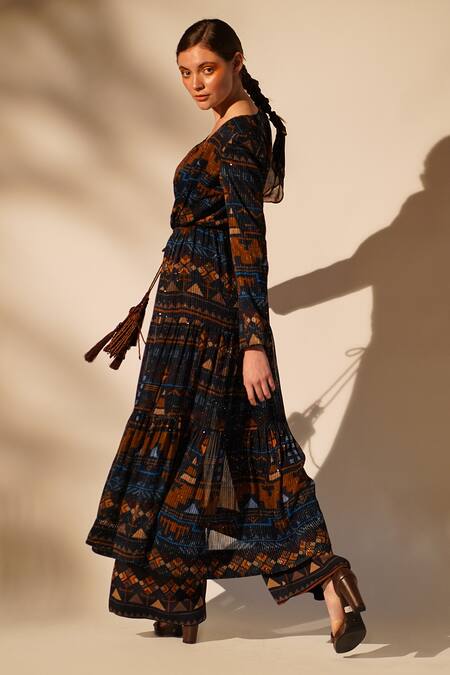 Shop_Nikita Mhaisalkar_Blue Georgette Sequins V-neck Aztec Print Jacket With Pant _Online_at_Aza_Fashions