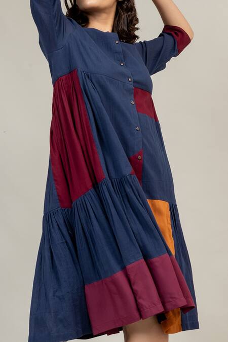 Doodlage Blue Cotton Round Neck Seville Tiered Dress at Aza Fashions Doodlage_Blue Cotton Round Neck Seville Tiered Dress _at_Aza_Fashions