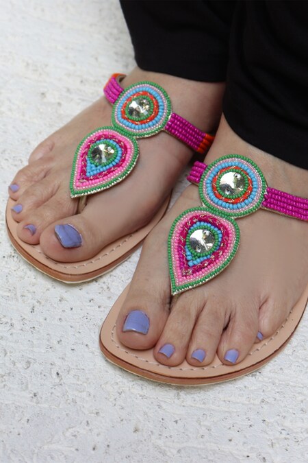 Black leather sandals with blue beads | Team Five Gifts and Crafts