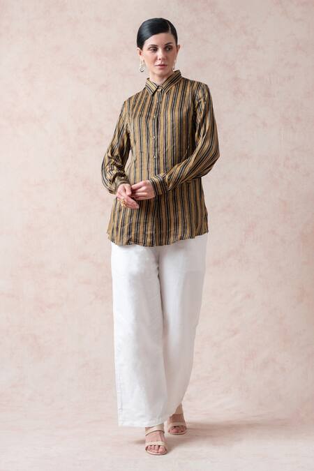 Thetaa Gold Satin, Silk Collared Stripe Print Shirt Online at Aza Fashions Thetaa_Gold Satin, Silk Collared Stripe Print Shirt_Online_at_Aza_Fashions