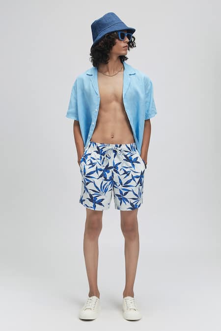 Buy White Organic Handloom Oxford Cotton Leaf Motifs Apollo Shorts