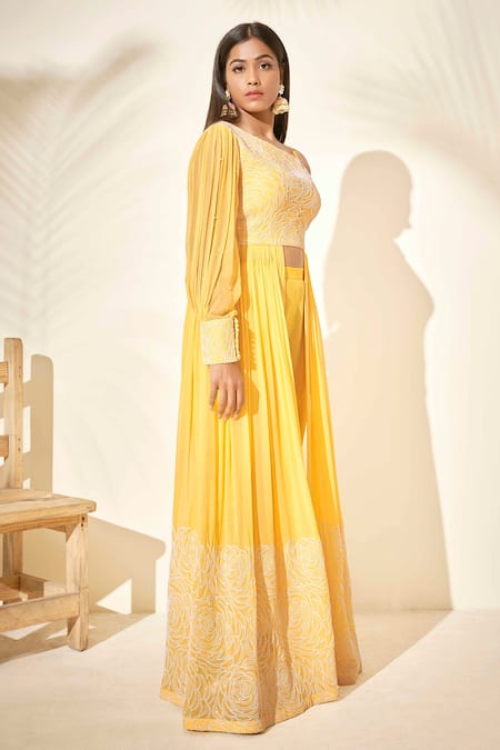 Suruchi Parakh_Yellow Georgette Lining Shantoon Thread One Shoulder Kurta With Pants _Online_at_Aza_Fashions