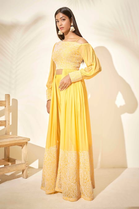 Buy_Suruchi Parakh_Yellow Georgette Lining Shantoon Thread One Shoulder Kurta With Pants _Online_at_Aza_Fashions