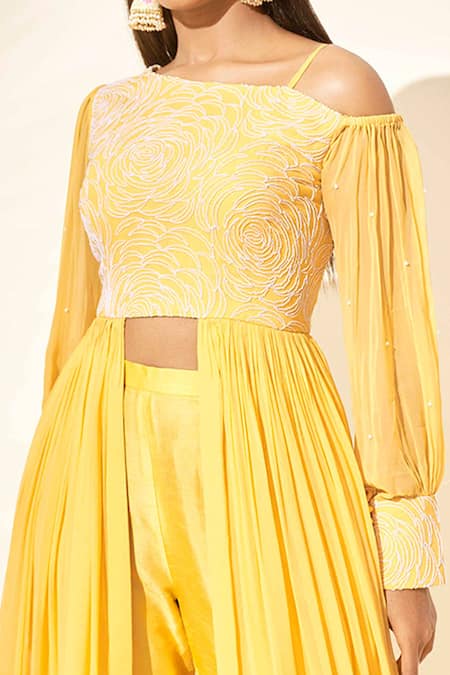Shop_Suruchi Parakh_Yellow Georgette Lining Shantoon Thread One Shoulder Kurta With Pants _Online_at_Aza_Fashions