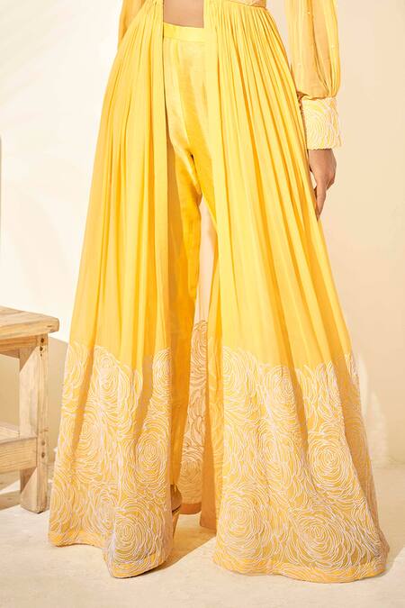 Suruchi Parakh_Yellow Georgette Lining Shantoon Thread One Shoulder Kurta With Pants _at_Aza_Fashions