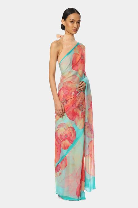 Satya Paul_Green Banarasi Linen Watercolor Print Saree_Online_at_Aza_Fashions