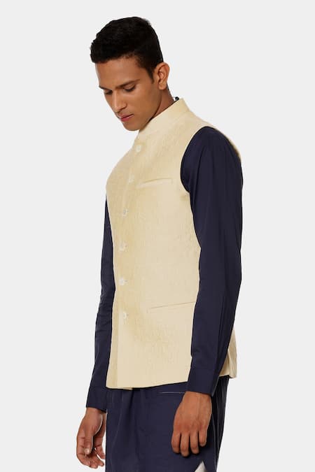 Satya Paul_Beige Viscose Thread Mandarin Collar Bundi _Online_at_Aza_Fashions