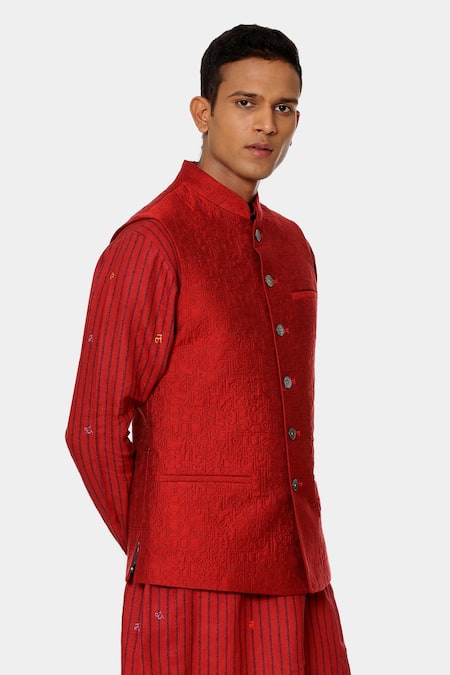 Satya Paul_Red Viscose Thread Bright Embroidered Bundi _Online_at_Aza_Fashions