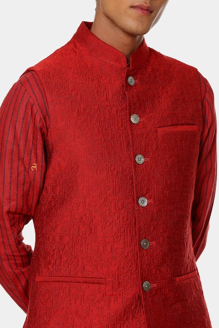 Shop_Satya Paul_Red Viscose Thread Bright Embroidered Bundi _Online_at_Aza_Fashions