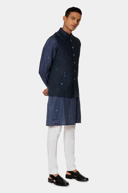 Satya Paul_Blue Linen Abstract Bundi _Online_at_Aza_Fashions