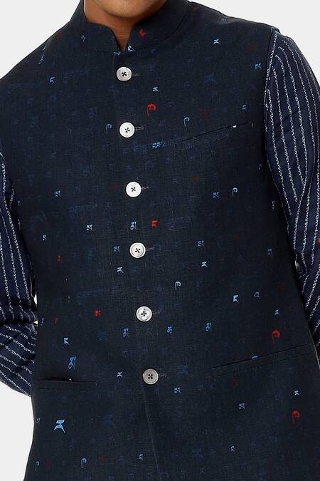 Shop_Satya Paul_Blue Linen Abstract Bundi _Online_at_Aza_Fashions