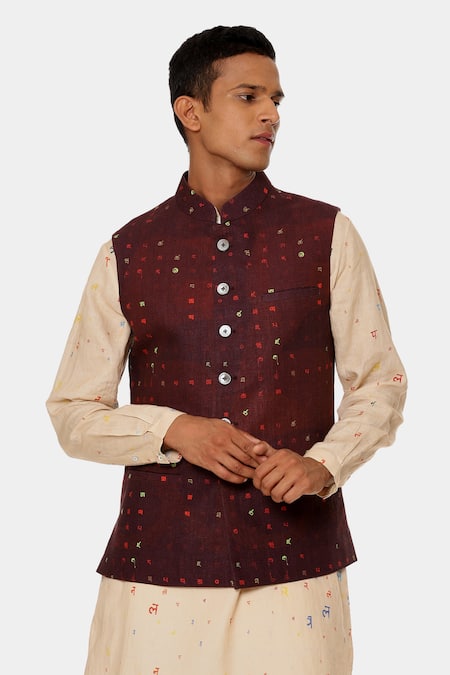 Buy_Satya Paul_Red Linen Abstract Bundi _Online_at_Aza_Fashions