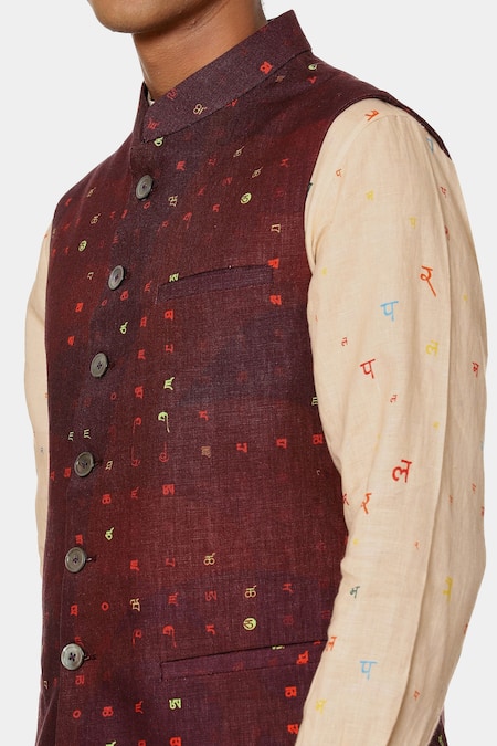 Satya Paul_Red Linen Abstract Bundi _at_Aza_Fashions