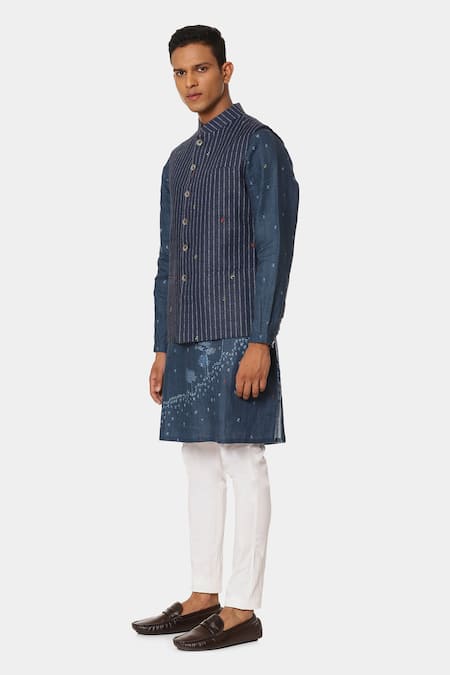 Shop_Satya Paul_Blue Linen Typographic Pattern Delhi Bundi _Online_at_Aza_Fashions