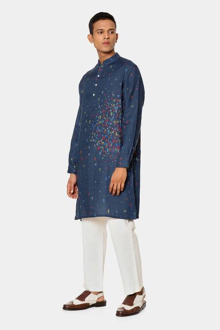 Satya Paul_Blue Linen Typographic Pattern Sea Kurta _Online_at_Aza_Fashions