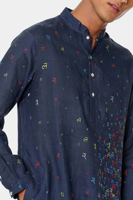 Buy_Satya Paul_Blue Linen Typographic Pattern Sea Kurta _Online_at_Aza_Fashions