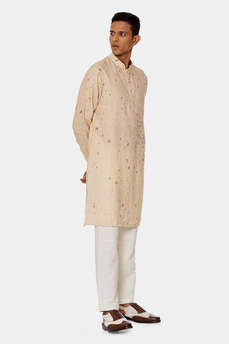Satya Paul_Red Linen Typographic Pattern Day Kurta _Online_at_Aza_Fashions