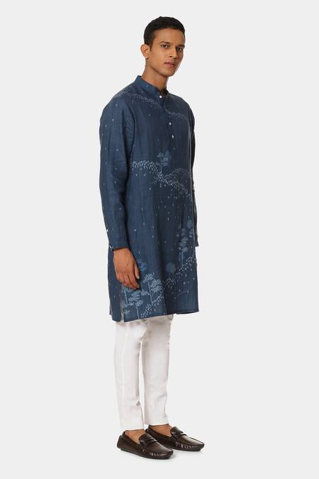 Satya Paul_Blue Linen Typographic Pattern Tide Kurta _Online_at_Aza_Fashions