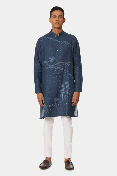 Buy_Satya Paul_Blue Linen Typographic Pattern Tide Kurta _Online_at_Aza_Fashions