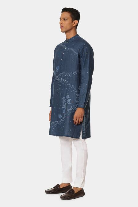 Shop_Satya Paul_Blue Linen Typographic Pattern Tide Kurta _Online_at_Aza_Fashions