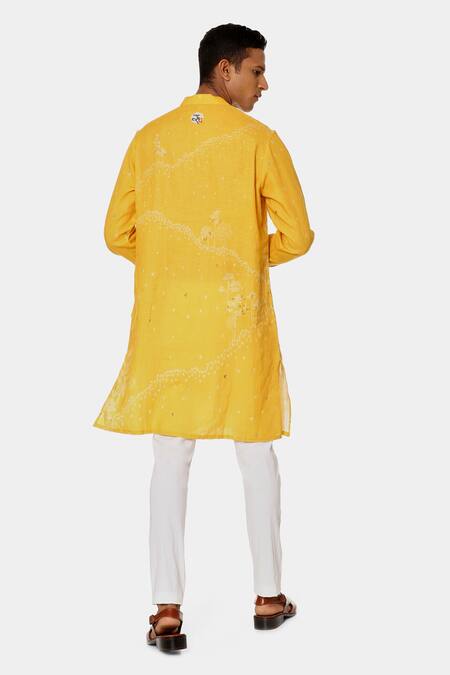 Shop_Satya Paul_Yellow Linen Typographic Pattern Yolk Kurta _at_Aza_Fashions
