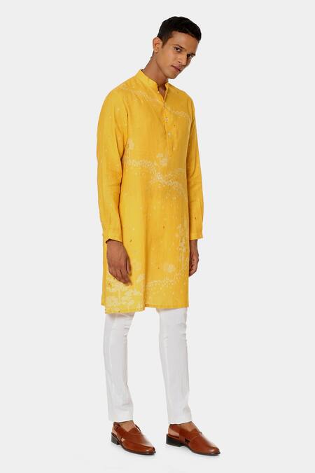 Satya Paul_Yellow Linen Typographic Pattern Yolk Kurta _Online_at_Aza_Fashions