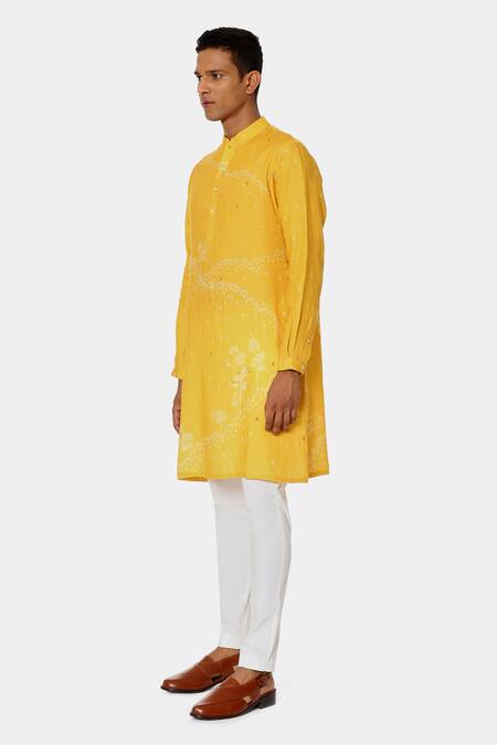 Buy_Satya Paul_Yellow Linen Typographic Pattern Yolk Kurta _Online_at_Aza_Fashions