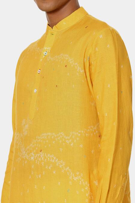 Shop_Satya Paul_Yellow Linen Typographic Pattern Yolk Kurta _Online_at_Aza_Fashions