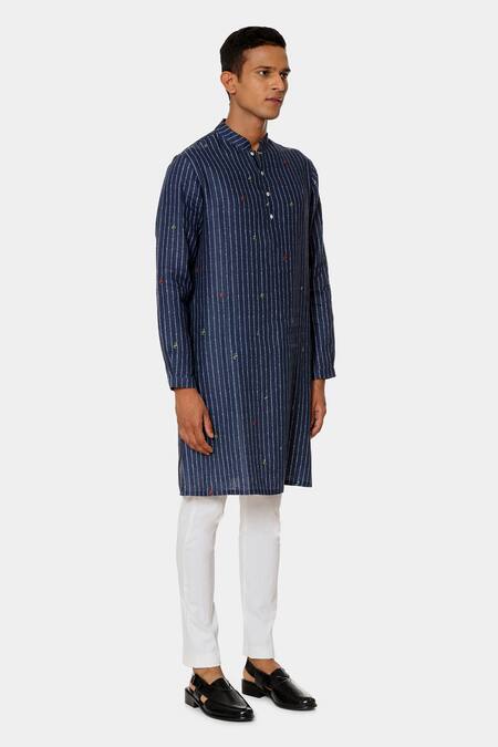 Satya Paul_Blue Linen Typographic Pattern Swag Kurta _Online_at_Aza_Fashions
