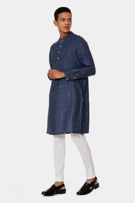 Buy_Satya Paul_Blue Linen Typographic Pattern Swag Kurta _Online_at_Aza_Fashions