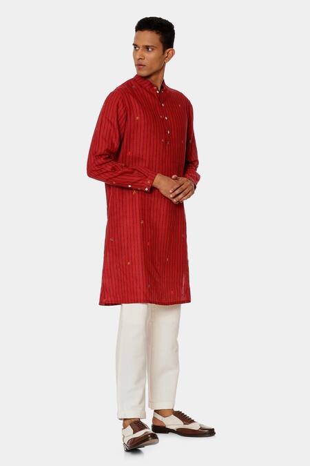 Satya Paul_Red Linen Typographic Pattern Mars Kurta _Online_at_Aza_Fashions