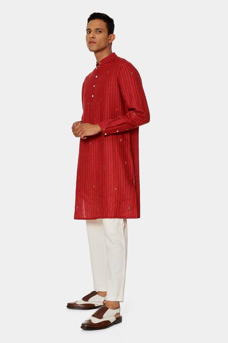 Buy_Satya Paul_Red Linen Typographic Pattern Mars Kurta _Online_at_Aza_Fashions