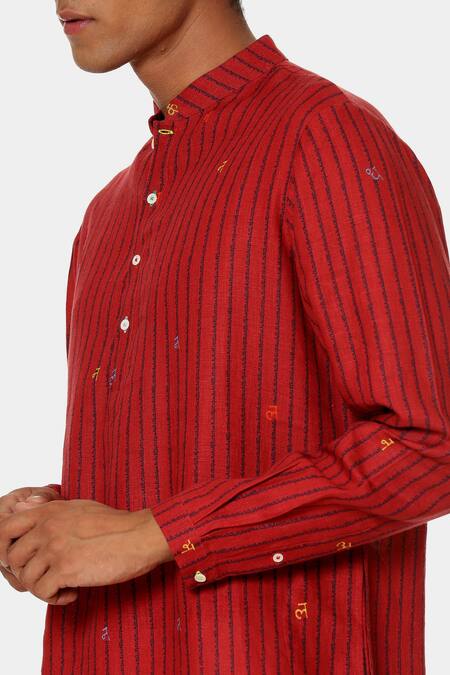 Shop_Satya Paul_Red Linen Typographic Pattern Mars Kurta _Online_at_Aza_Fashions