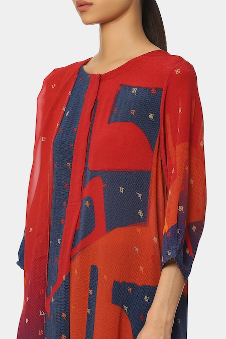 Buy_Satya Paul_Blue Crepe Typographic Pattern Round Day Out Kurta And Pant Set_Online_at_Aza_Fashions