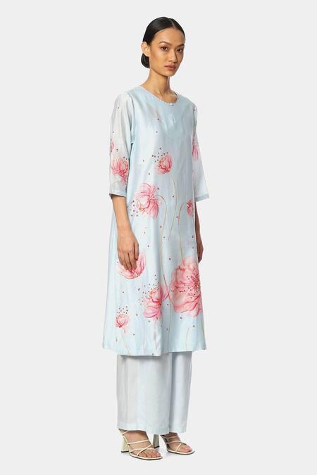 Satya Paul_Blue Chanderi Sequin Keyhole Floral Pattern Kurta And Pant Set _Online_at_Aza_Fashions