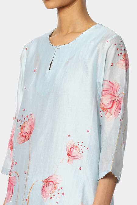 Buy_Satya Paul_Blue Chanderi Sequin Keyhole Floral Pattern Kurta And Pant Set _Online_at_Aza_Fashions