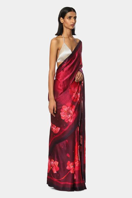 Satya Paul_Pink Floral Pattern Embellished Saree_Online_at_Aza_Fashions