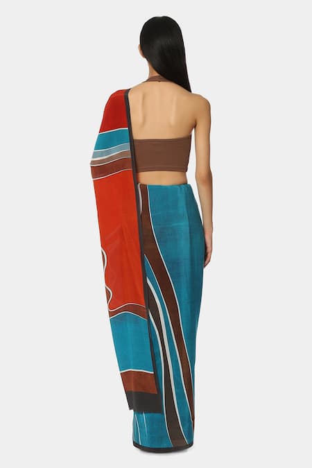 Shop Satya Paul Blue Crepe Abstract Fire And Water Printed Saree at Aza Fashions Shop_Satya Paul_Blue Crepe Abstract Fire And Water Printed Saree _at_Aza_Fashions