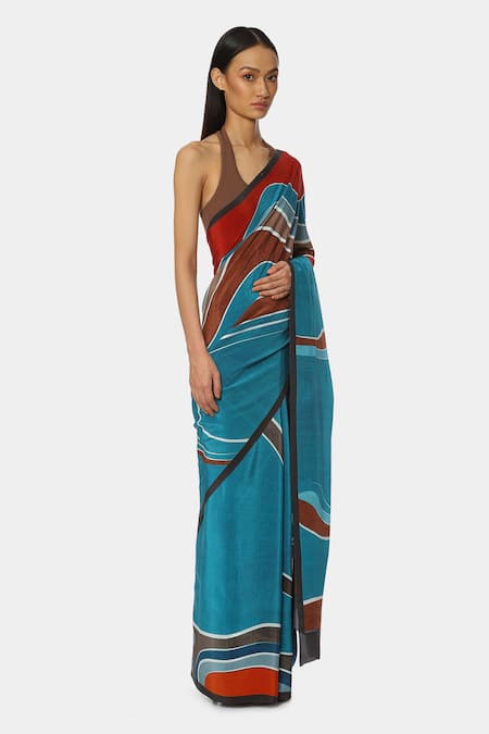 Satya Paul Blue Crepe Abstract Fire And Water Printed Saree Online at Aza Fashions Satya Paul_Blue Crepe Abstract Fire And Water Printed Saree _Online_at_Aza_Fashions