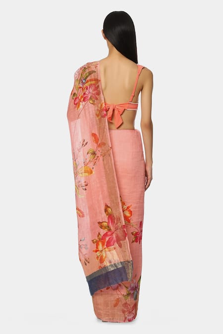 Shop Satya Paul Pink Linen Floral Eastern Printed Saree at Aza Fashions Shop_Satya Paul_Pink Linen Floral Eastern Printed Saree _at_Aza_Fashions