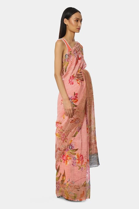 Satya Paul Pink Linen Floral Eastern Printed Saree Online at Aza Fashions Satya Paul_Pink Linen Floral Eastern Printed Saree _Online_at_Aza_Fashions