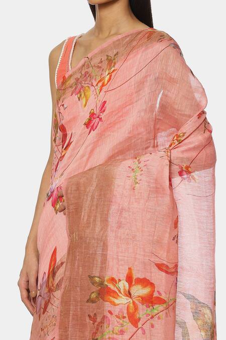 Buy Satya Paul Pink Linen Floral Eastern Printed Saree Online at Aza Fashions Buy_Satya Paul_Pink Linen Floral Eastern Printed Saree _Online_at_Aza_Fashions