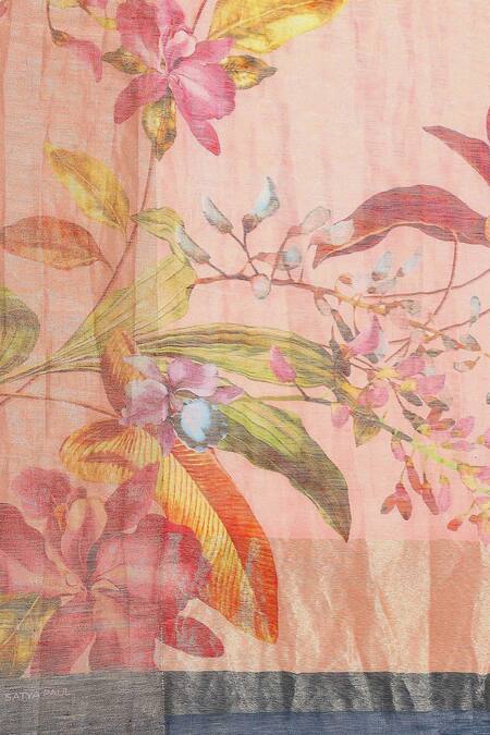 Shop Satya Paul Pink Linen Floral Eastern Printed Saree Online at Aza Fashions Shop_Satya Paul_Pink Linen Floral Eastern Printed Saree _Online_at_Aza_Fashions